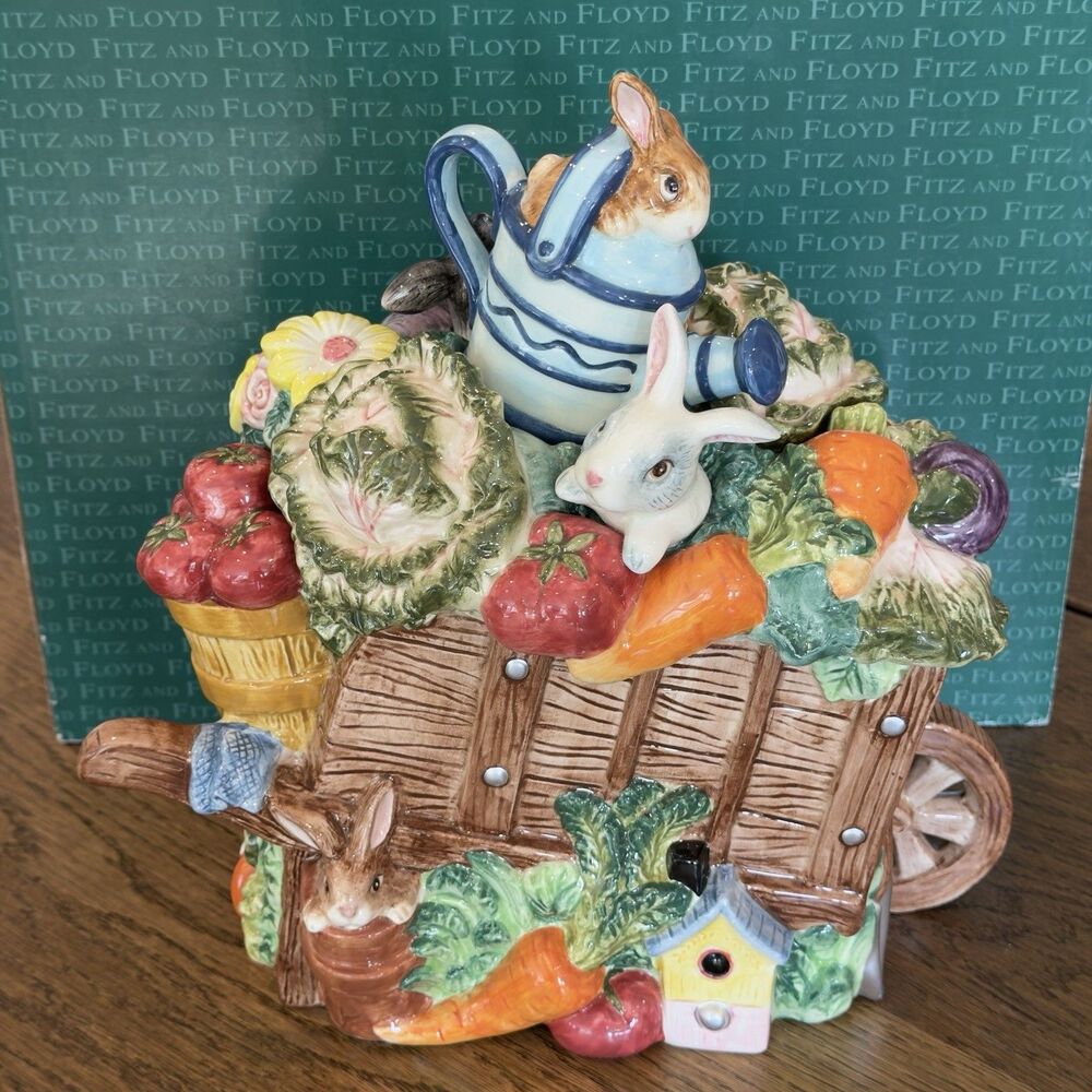 Fitz and Floyd English Garden Bunnies Wheelbarrow Cookie Jar Spring Vintage 1996